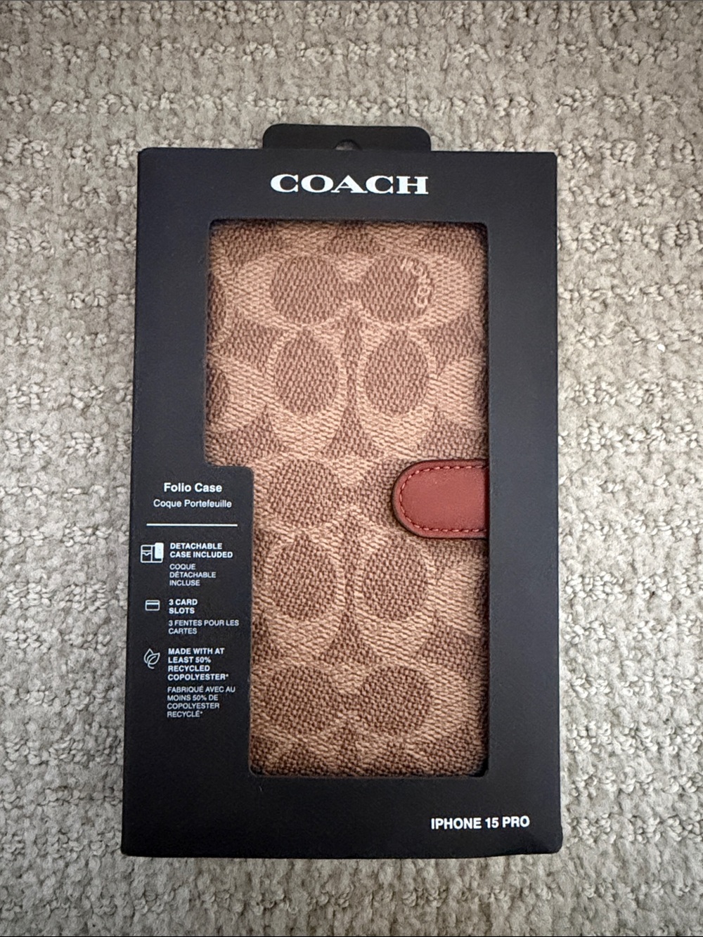 COACH Tan/Brown Signature Folio Case with Leather Snap for iPhone 15 Pro